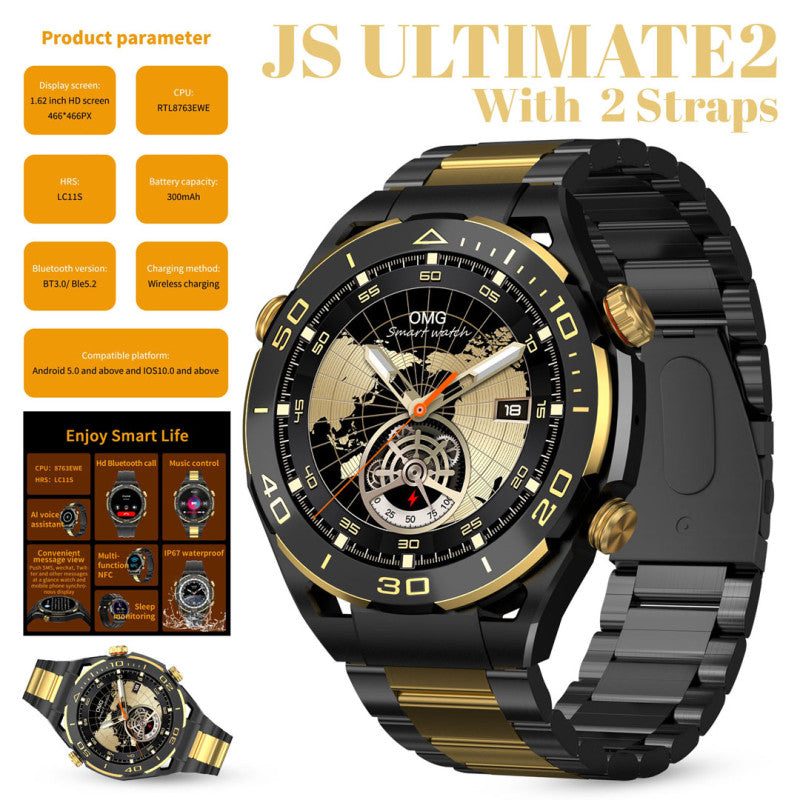 Js Ultimate2 1.53 Inch Smart Watch Rdfit App With 2 Straps Gold Style