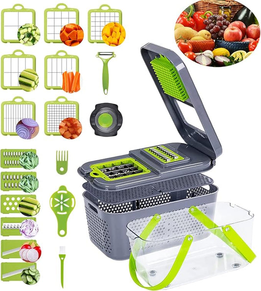 Vegetable Chopper 22 in 1 Multifunctional Onion Vegetable Mandoline Slicer Cutter Food Chopper Kitchen Manual Julienne Grater for Carrot Potato Fruit Salad with Colander Basket Containe