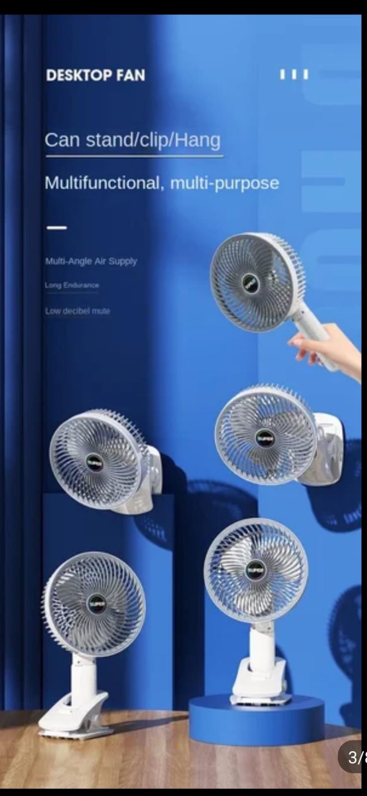 Portable USB Rechargeable Desk Fan with 3-Gears Function and Handheld Clipped and Low Noise