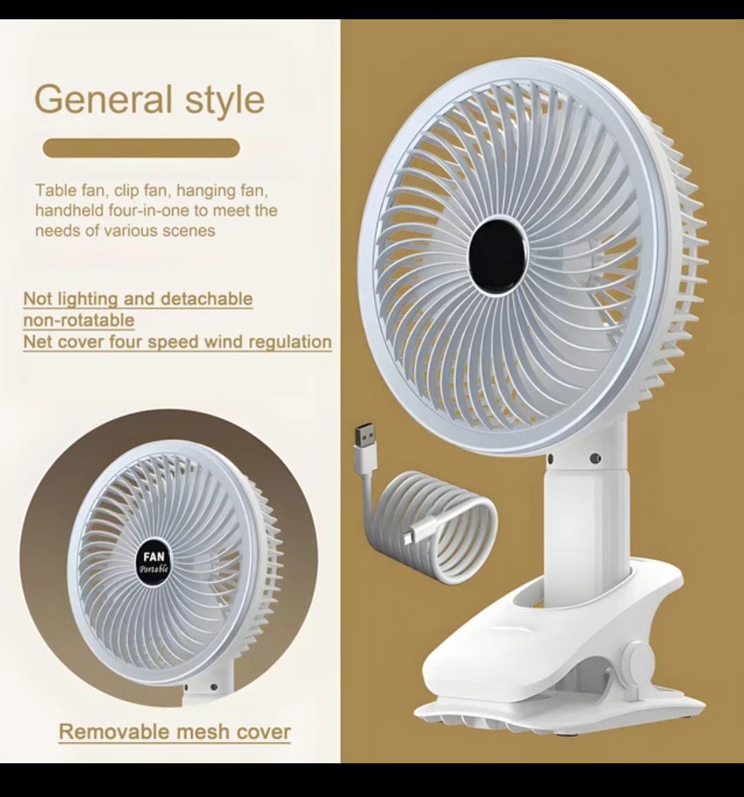 Portable USB Rechargeable Desk Fan with 3-Gears Function and Handheld Clipped and Low Noise